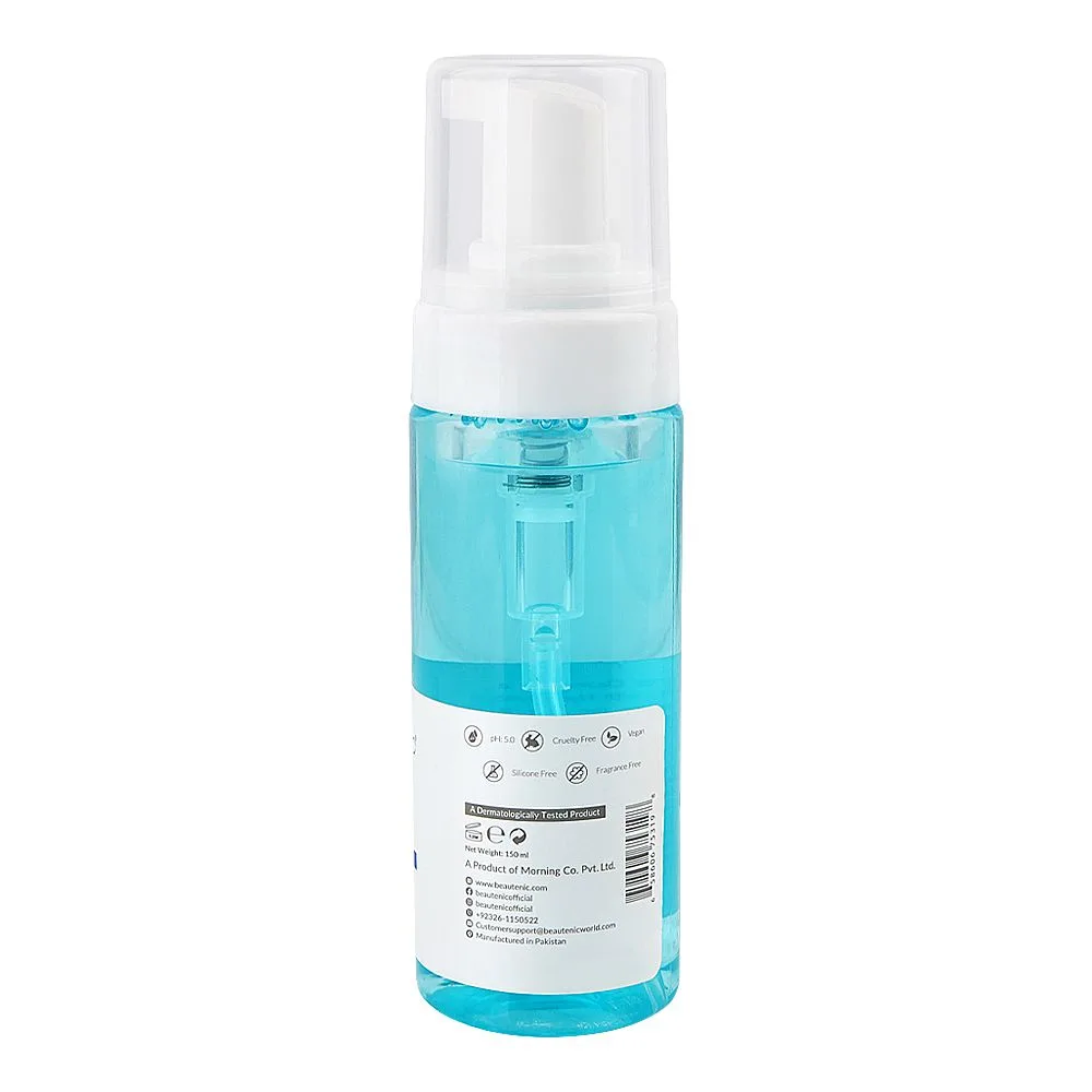 Side view of beautenic hyaluronic acid foaming cleanser, silicone & fragrance free, hyaluronic acid, niacinamide, for all types of skin, 150ml