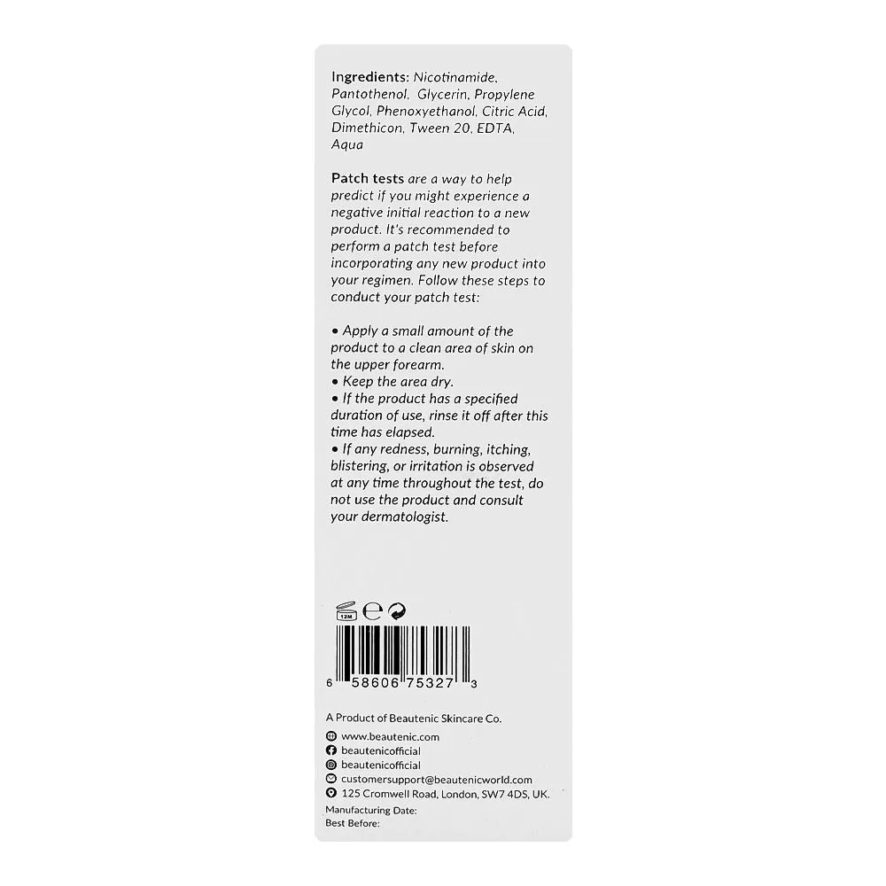 Side view of beautenic niacinamide 10% pore minimizing toner, alcohol, silicone & gluten free, glycerin, for combination skin, 100ml