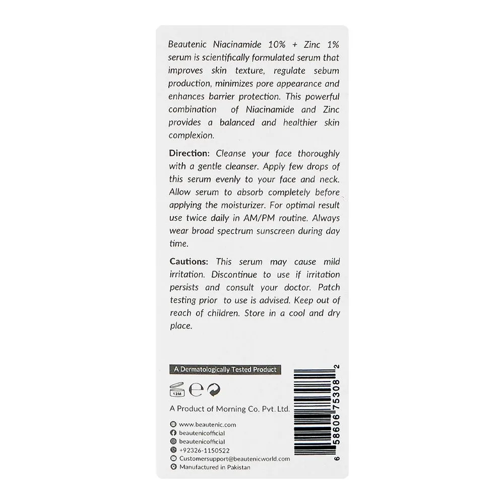 Comfortable casual beautenic niacinamide 10% + zinc 1% serum, alcohol, silicone & gluten free, niacinamide, glycerin, for radiant skin, 30ml