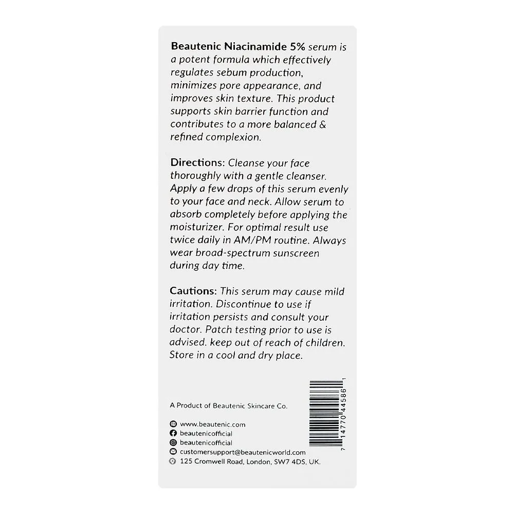 Side view of beautenic niacinamide 5% serum, silicone & gluten free, niacinamide, glycerin, for acne-prone skin, 30ml