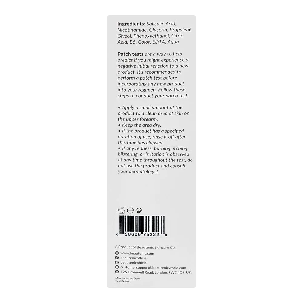 Side view of beautenic salicylic acid 2% clarifying toner, silicone & gluten free, salicylic acid, citric acid, 100ml