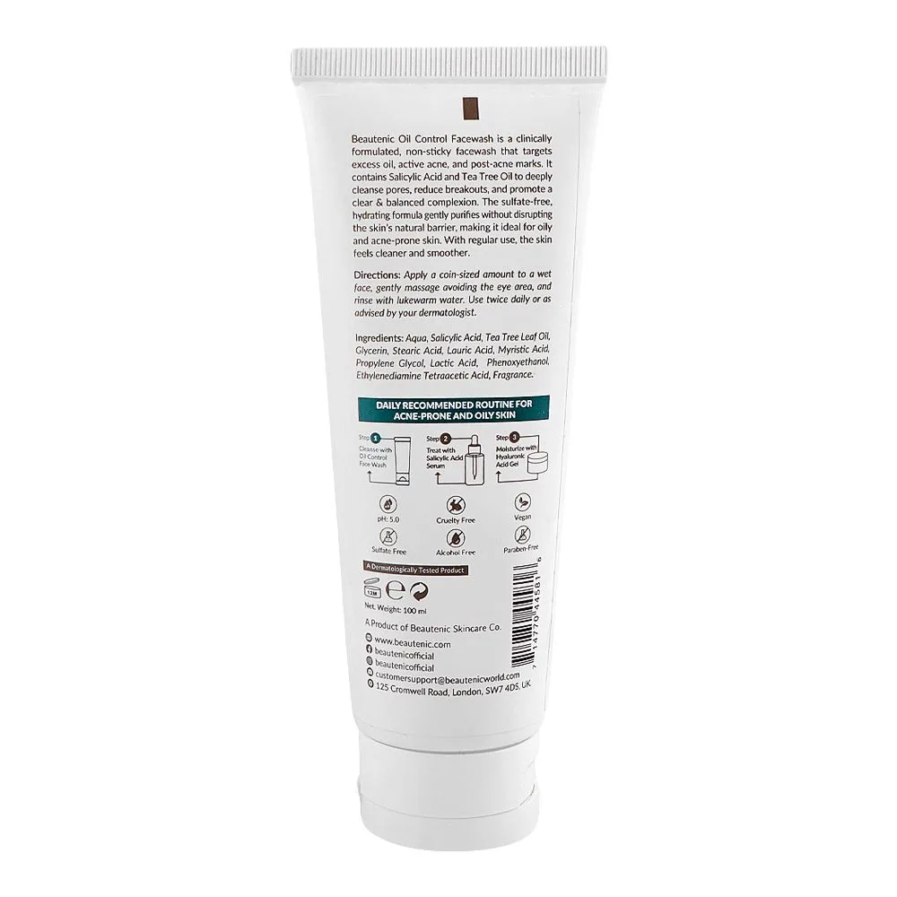 Side view of beautenic salicylic acid + tea tree oil control face wash, sulfate, alcohol & paraben free, for acne-prone skin, 100ml