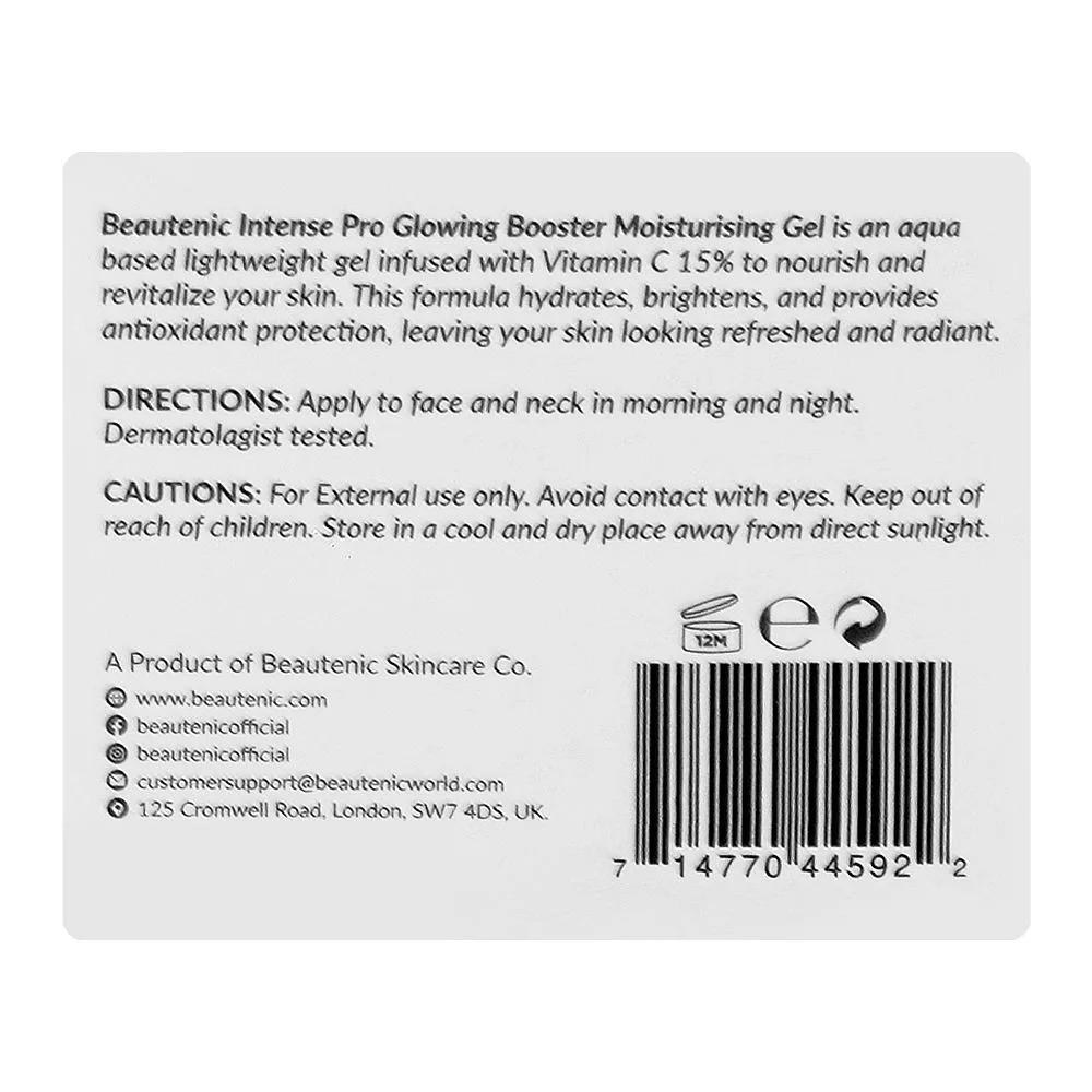 Comfortable casual beautenic vitamin c 15% intense pro glowing booster moisturizing gel, alcohol & gluten free, vitamin c, hyaluronic acid, for all types of skin, 50g