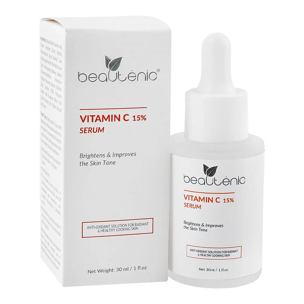 Beautenic Vitamin C 15% Serum, Silicone & Gluten Free, Ascorbic Acid, For Even Skin Tone, 30ml