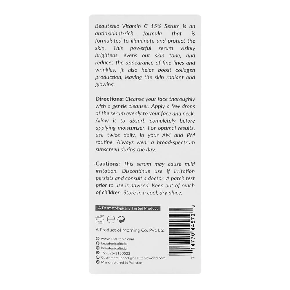Comfortable casual beautenic vitamin c 15% serum, silicone & gluten free, ascorbic acid, for even skin tone, 30ml
