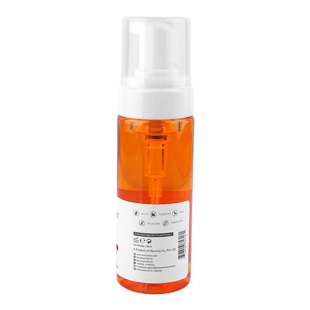 Side view of beautenic vitamin c foaming cleanser, silicone & fragrance free, citric acid, glycerin, for all types of skin, 150ml