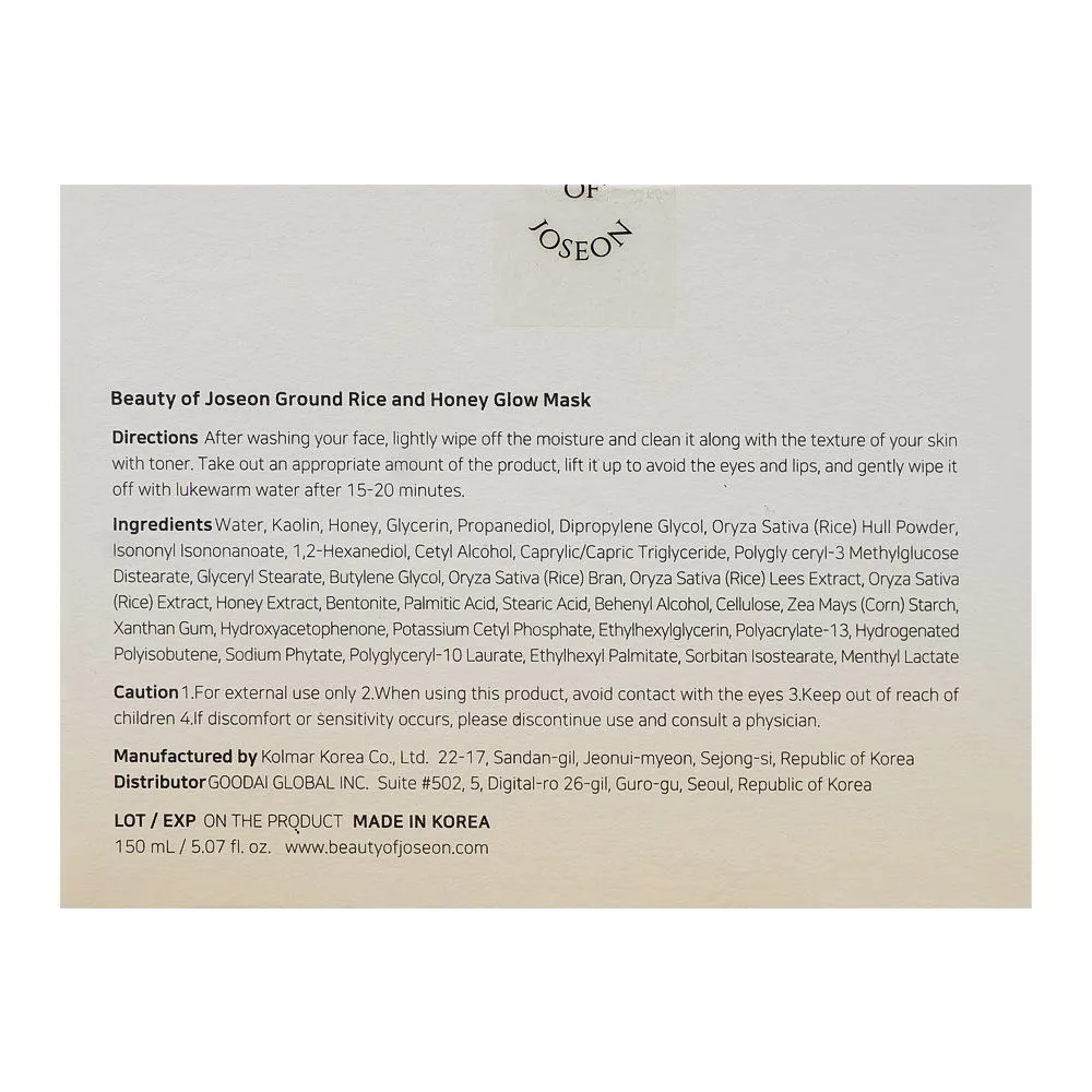 Front angle of beauty of joseon ground rice and honey glow mask, 150ml