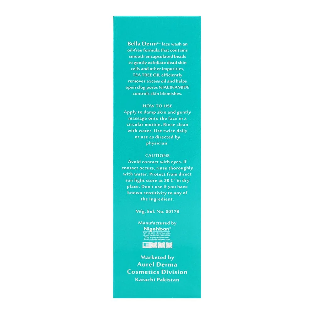 Side view of bella derm face wash, control blemishes & oil, unclog pores, 100ml