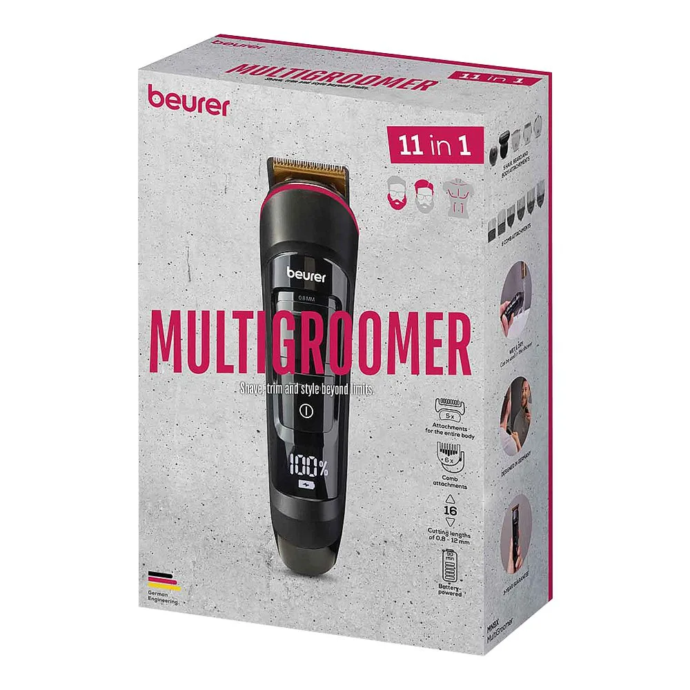 Side view of beurer 11-in-1 multigroom styling kit trimmer for hair, beard & body, 10057-m9x