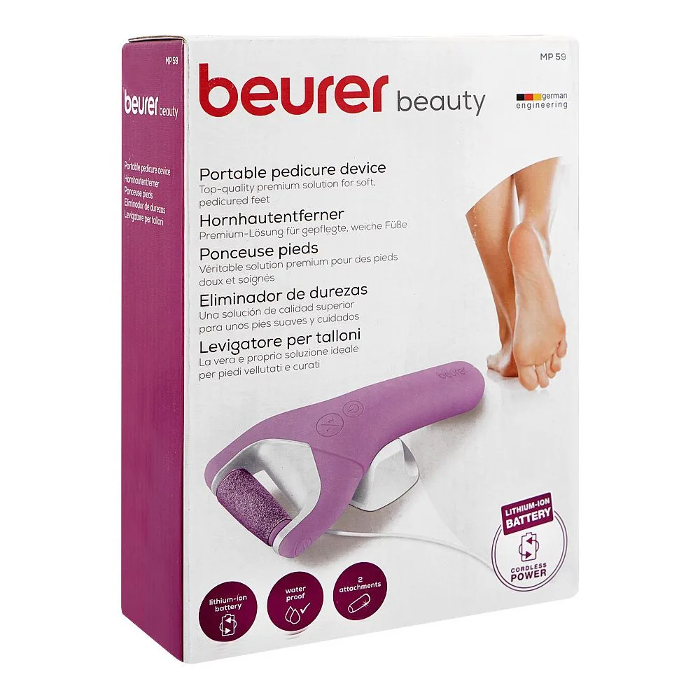 Side view of beurer beauty portable pedicure device, ipx7 water resistant, mp-59