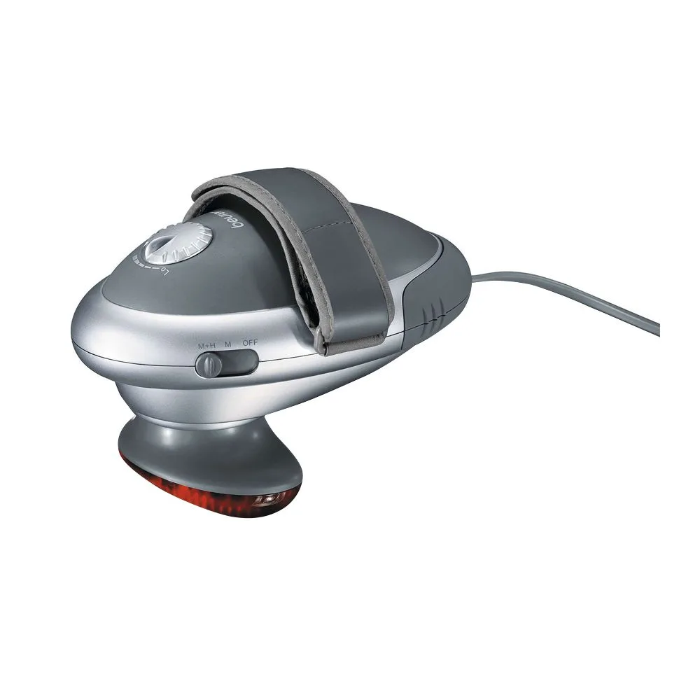 Side view of beurer handheld percussion body massager with removable handle and infrared heat, mg 70