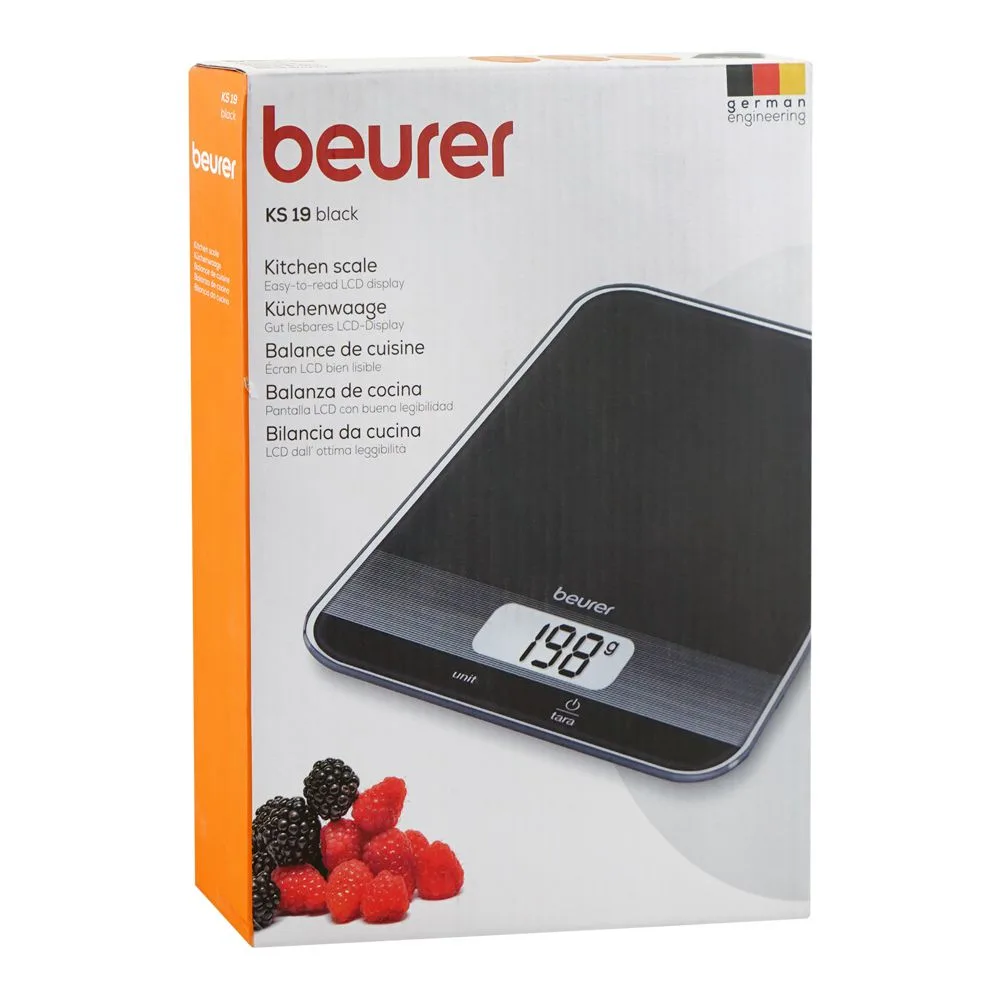 Side view of beurer lcd display kitchen scale, 5 kg capacity, black, ks-19