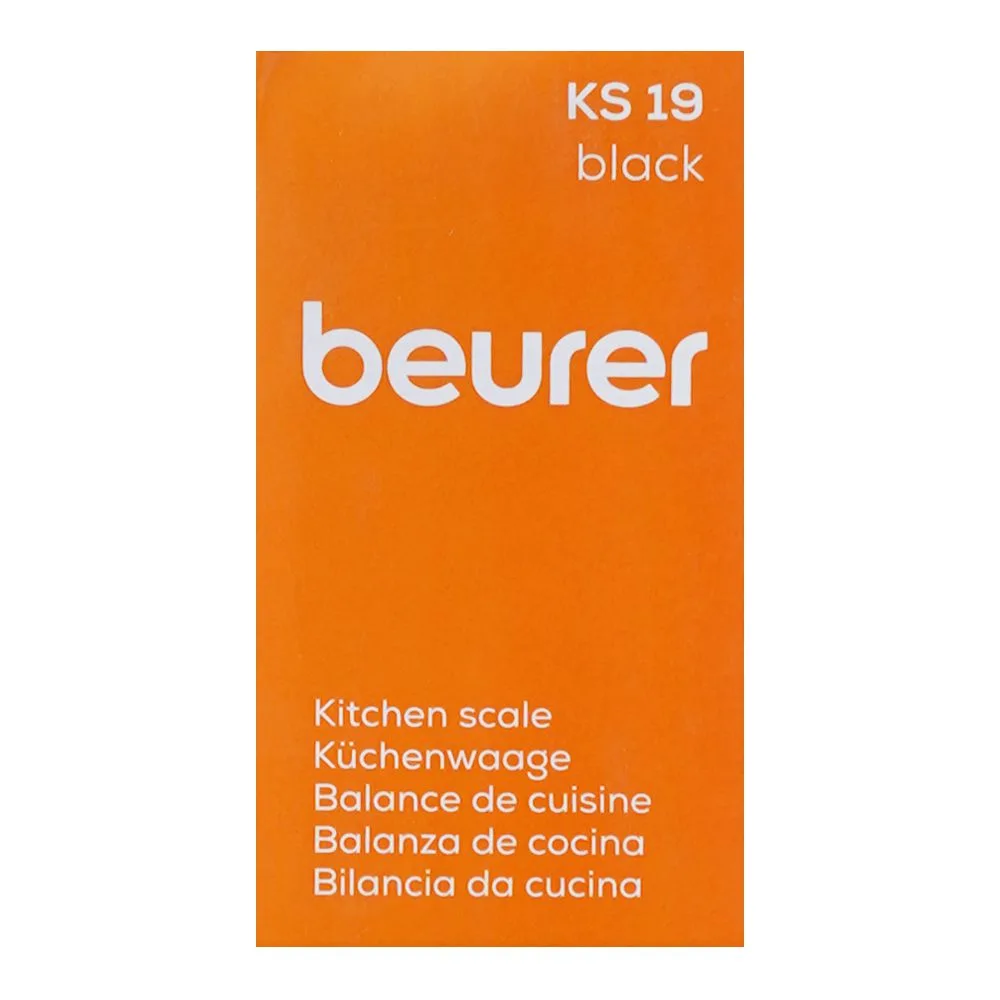 Close-up design of beurer lcd display kitchen scale, 5 kg capacity, black, ks-19
