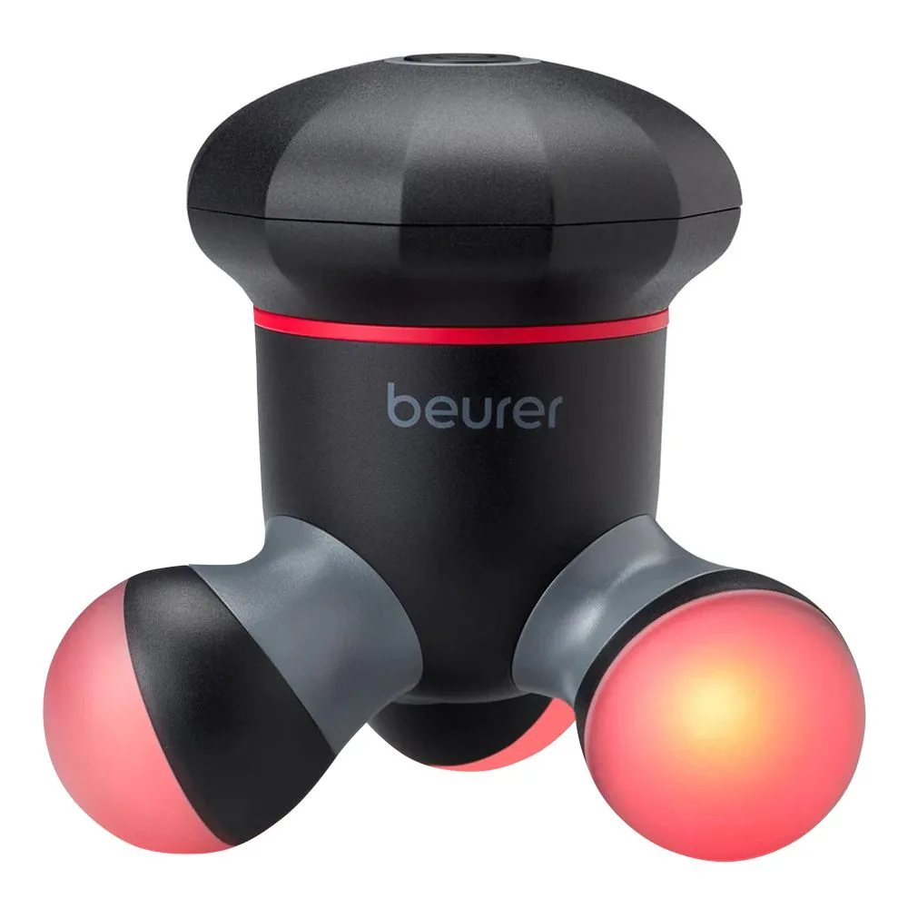 Side view of beurer mg 18 mini electric handheld body massager with led light, ideal for back, neck, arms & legs, black