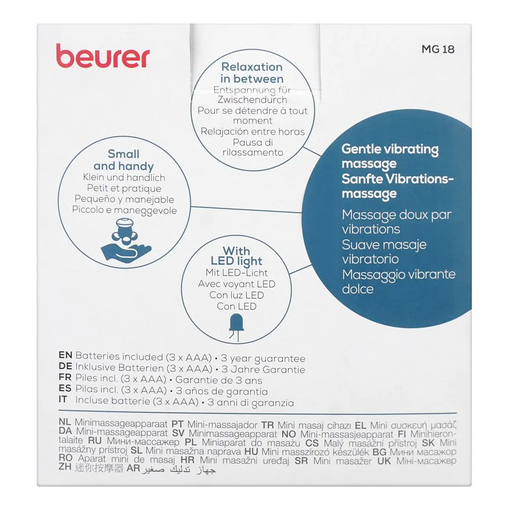 Close-up design of beurer mg 18 mini electric handheld body massager with led light, ideal for back, neck, arms & legs, black
