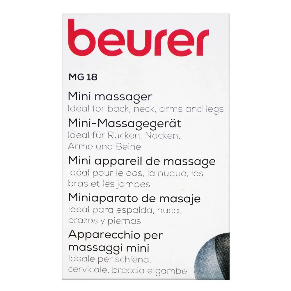 Front angle of beurer mg 18 mini electric handheld body massager with led light, ideal for back, neck, arms & legs, black