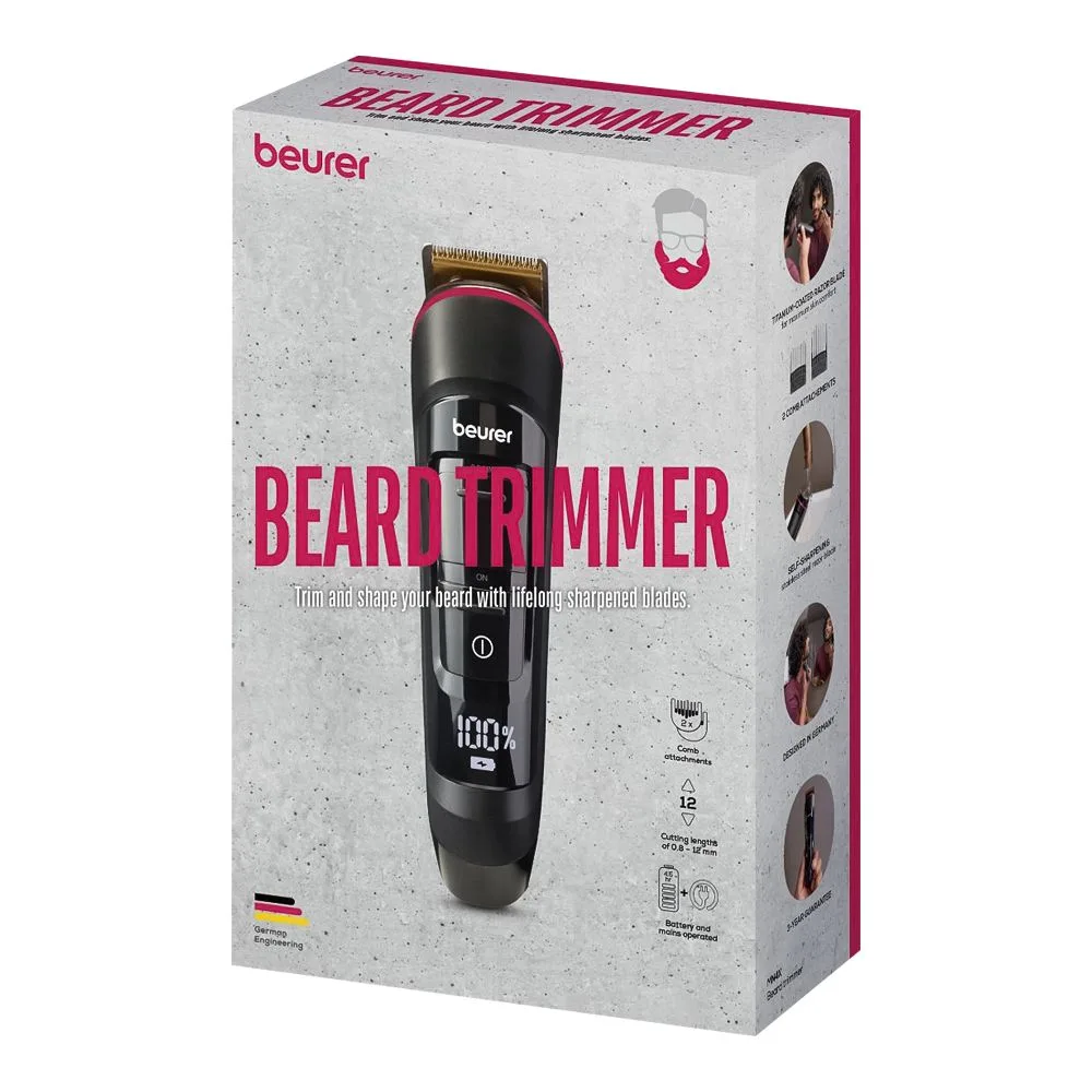 Side view of beurer mn4x beard trimmer with lifelong sharpened blades, 2-combs attached