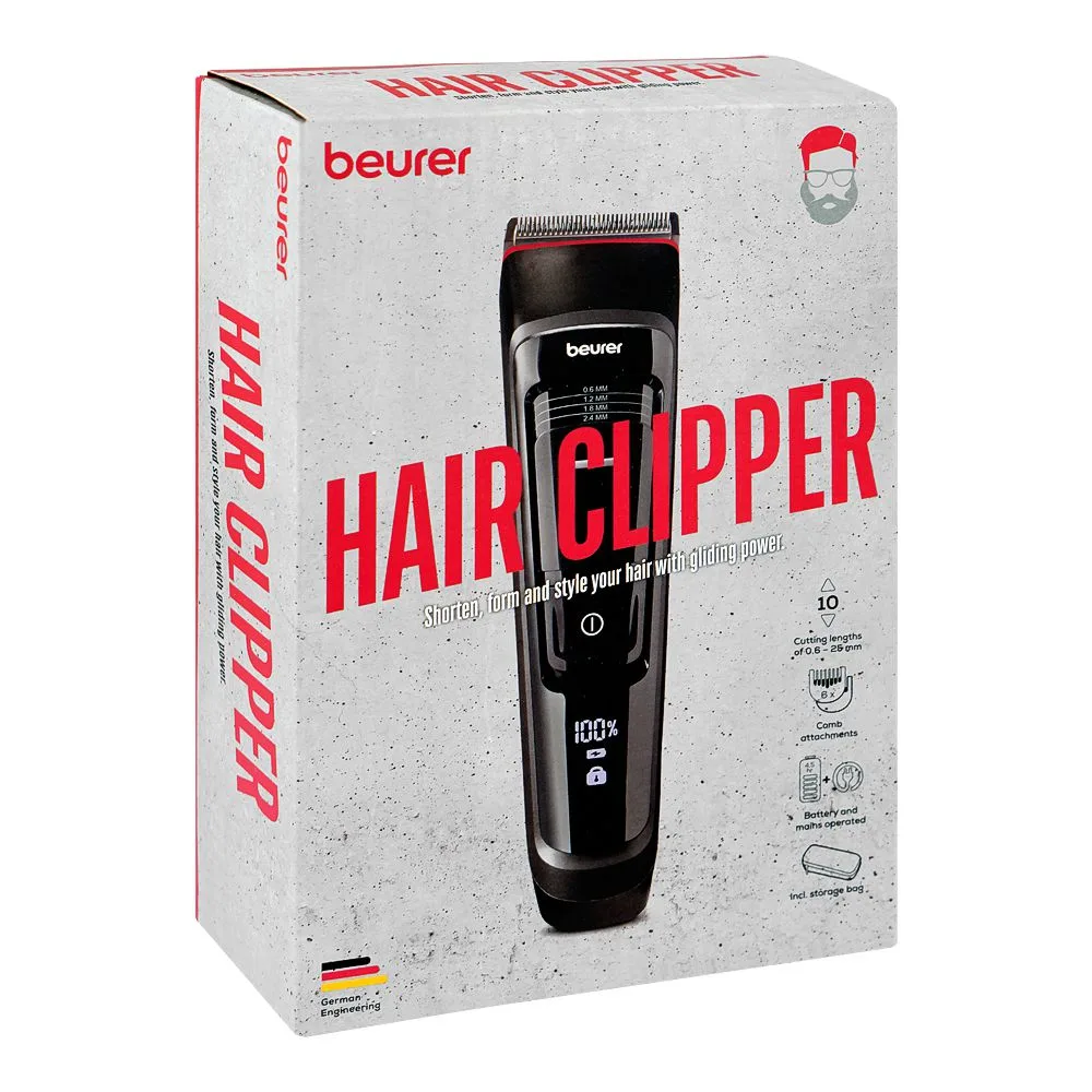 Side view of beurer mn5x hair clipper with 6 comb attachments