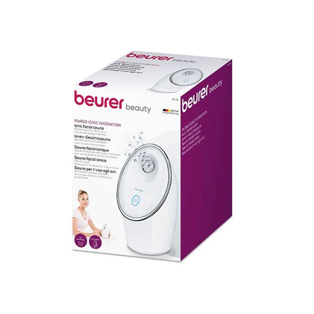 Close-up design of beurer pureo ionic hydration ionic facial steamer, facial sauna, fc-72