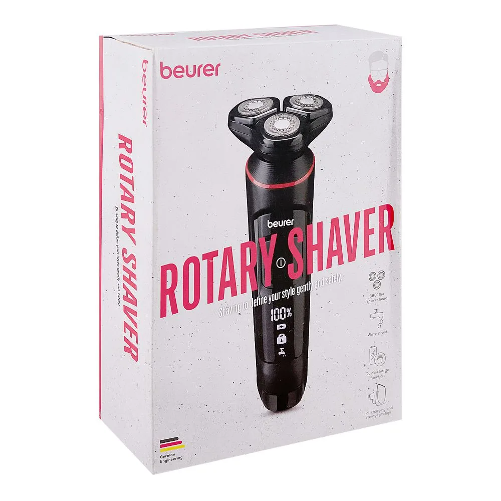 Side view of beurer rotary shaver, ipx7 waterproof, 100 minutes run time, mn8x