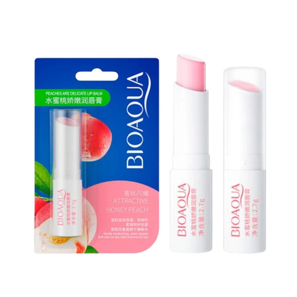 Side view of bioaqua peach lip balm, hydrating & moisturizing, 2.7g, bqy00638