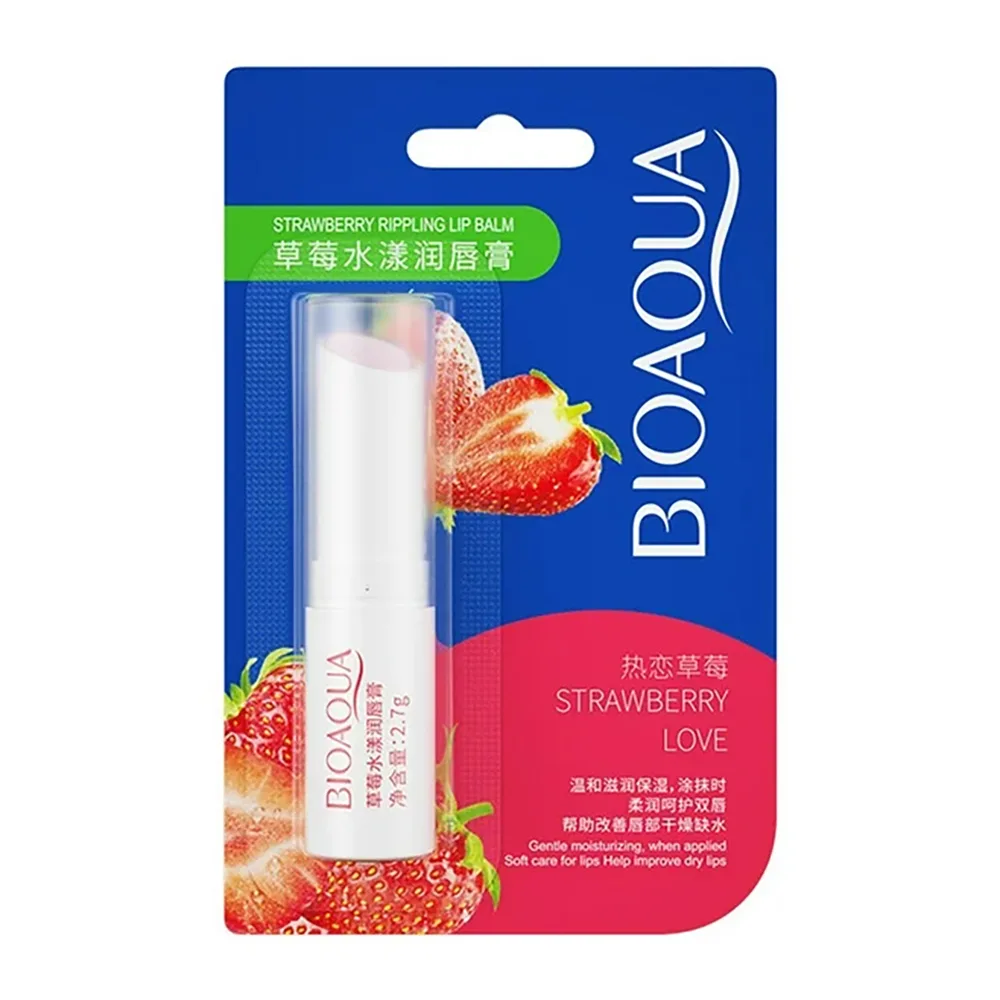 Side view of bioaqua strawberry lip balm, hydrating & moisturizing, 2.7g, bqy00621