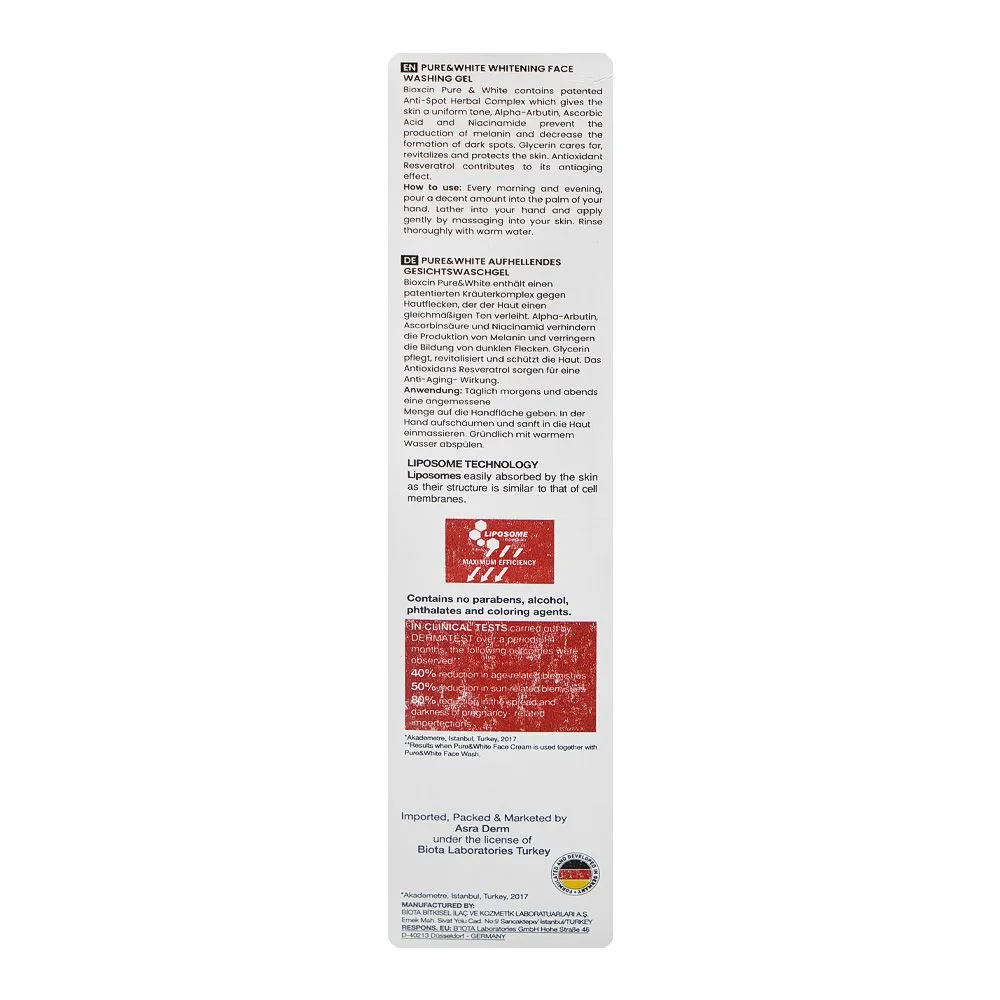 Side view of bioxcin pure & white face washing gel, niacinamide & ascorbic acid, for all types of skin, 100ml