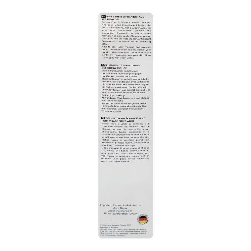 Comfortable casual bioxcin pure & white face washing gel, niacinamide & ascorbic acid, for all types of skin, 100ml