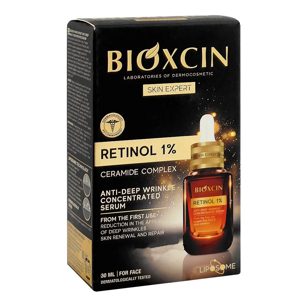 Side view of bioxcin retinol 1% anti-wrinkle serum, for types of skin, 30ml