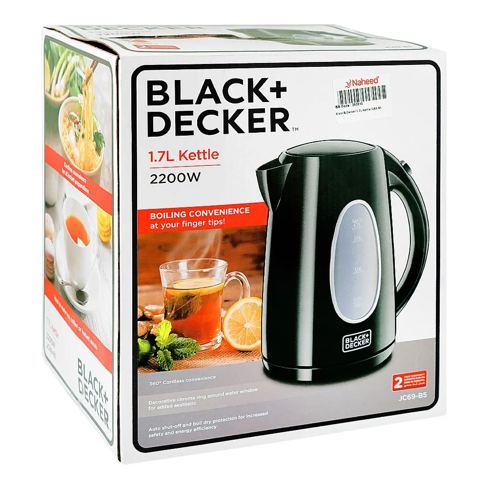 Side view of black & decker electric kettle, 1700ml, 2200w, jc69-b5