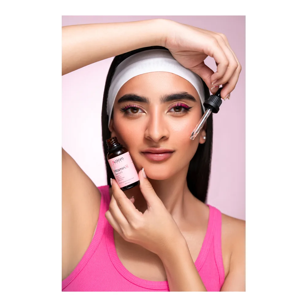 Side view of bloom effekt 20% vitamin c hyaluronic acid anti aging & brightening serum, 30ml