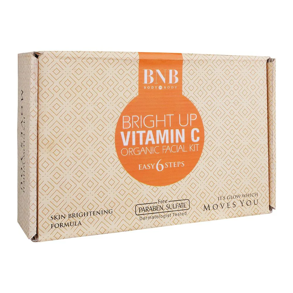 Side view of bnb bright up vitamin c 6 steps organic facial kit, paraben and sulfate free, 6-packs