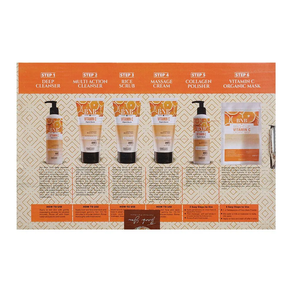 Comfortable casual bnb bright up vitamin c 6 steps organic facial kit, paraben and sulfate free, 6-packs