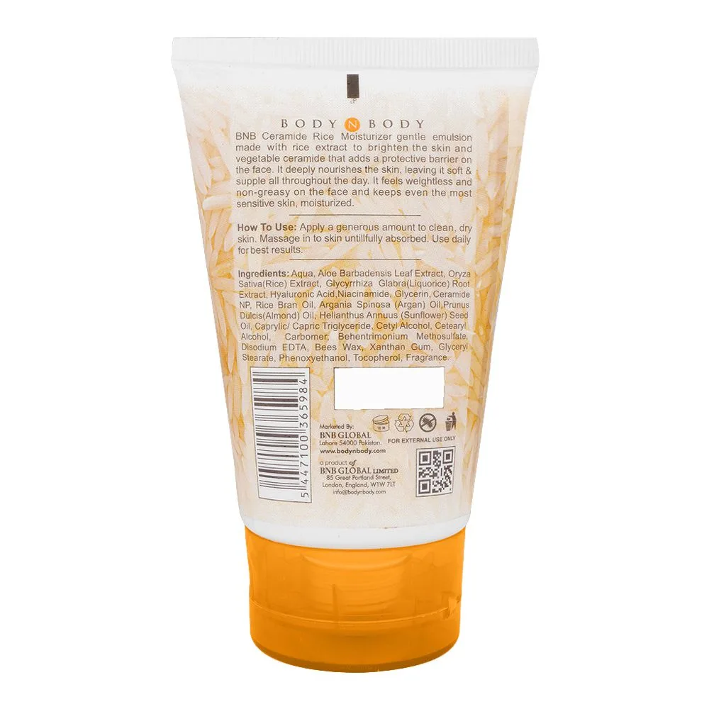 Side view of bnb organic ceramide rice moisturizer, paraben and sulfate free, dermatologist-tested, 120ml