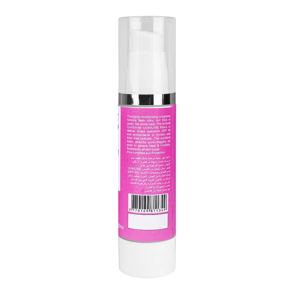 Side view of bnb organic pink glow sunscreen serum, spf 60, paraben & silicon free, 50ml