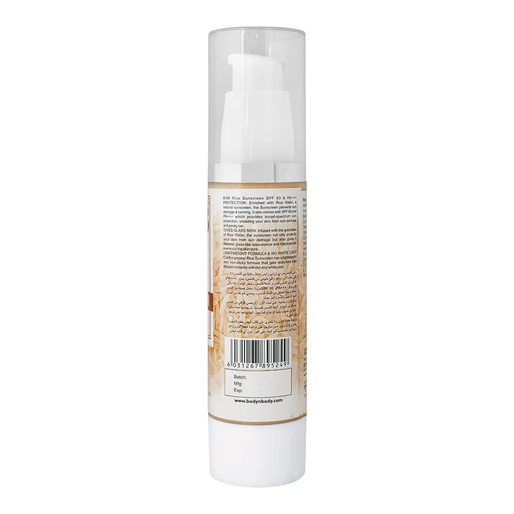 Side view of bnb organic rice sunscreen spf60 serum, 50ml