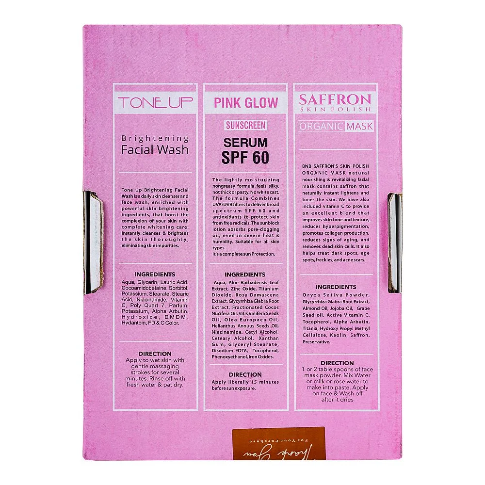 Side view of bnb organic source skin care pink glow kit, spf 60 serum, face wash, scrub, mask