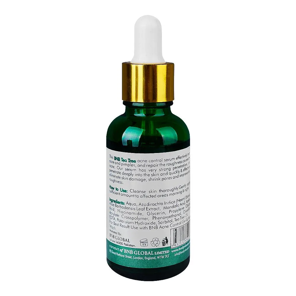 Side view of bnb organic source tea tree acne control serum, prevent acne & reduce blemishes, 30ml