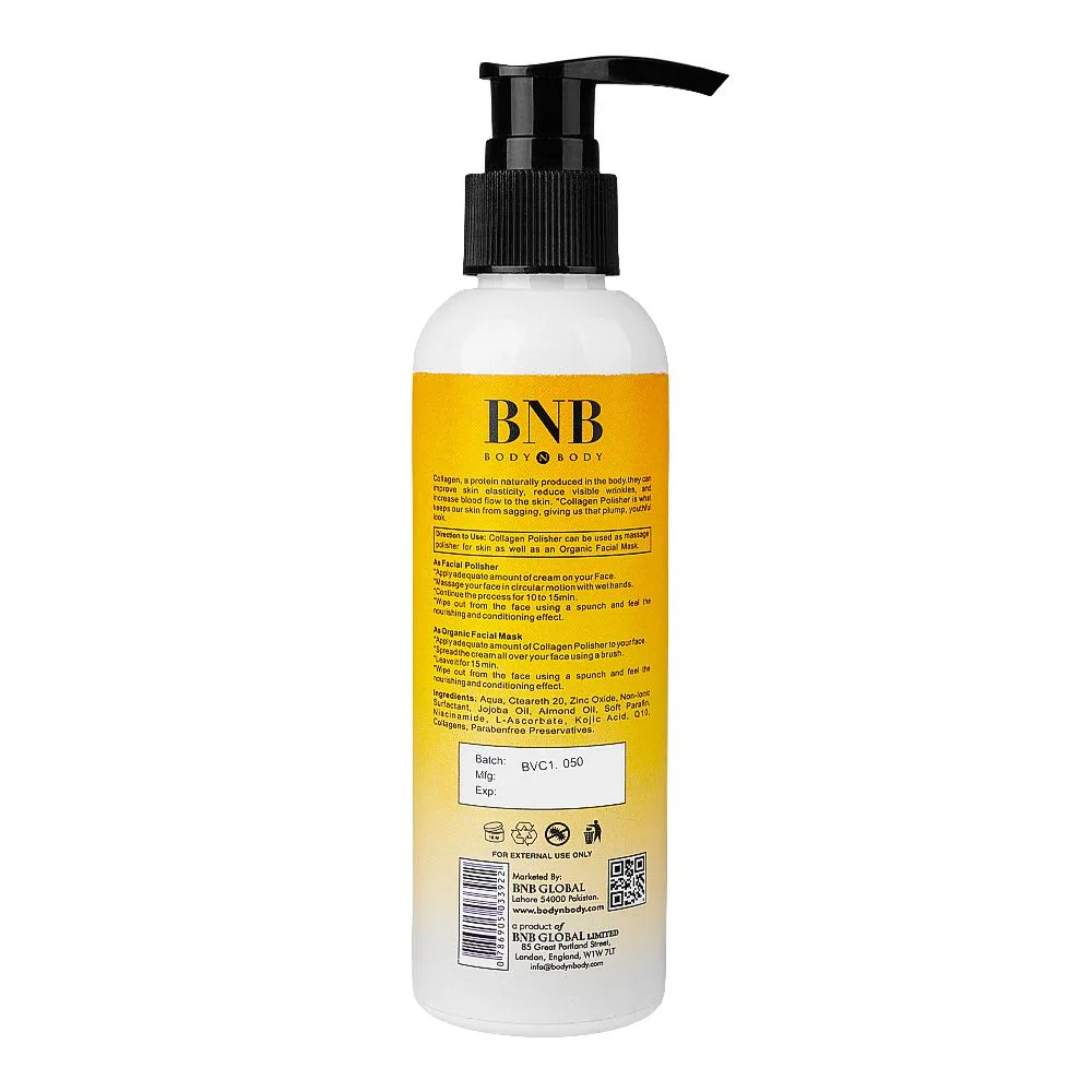 Side view of bnb organic source vitamin c collagen polisher, skin brightening, 200ml