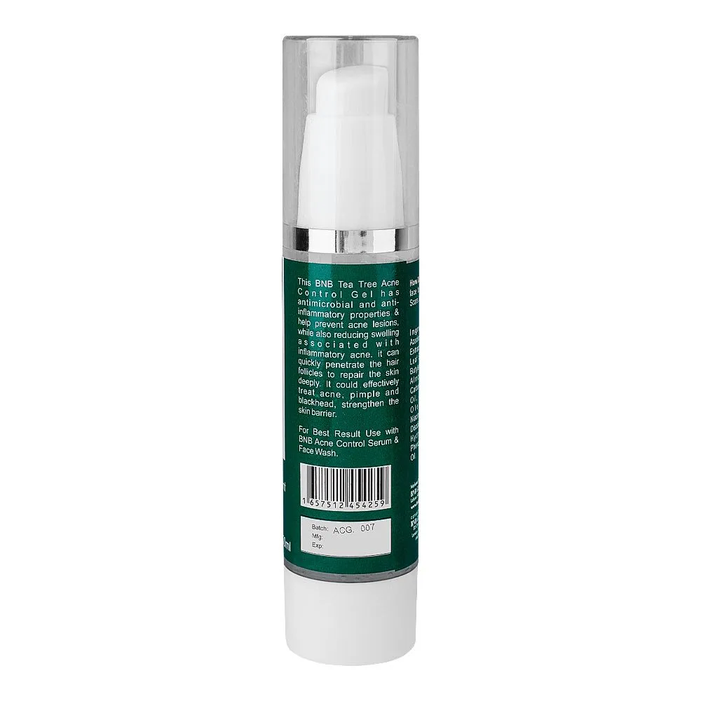Side view of bnb organic tea tree acne control gel, paraben and silicon free, 50ml