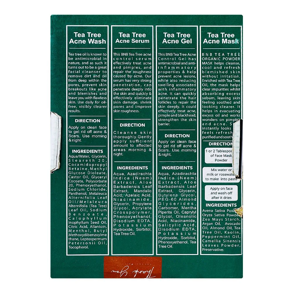 Side view of bnb organic tea tree acne control kit, serum, face wash, gel, mask