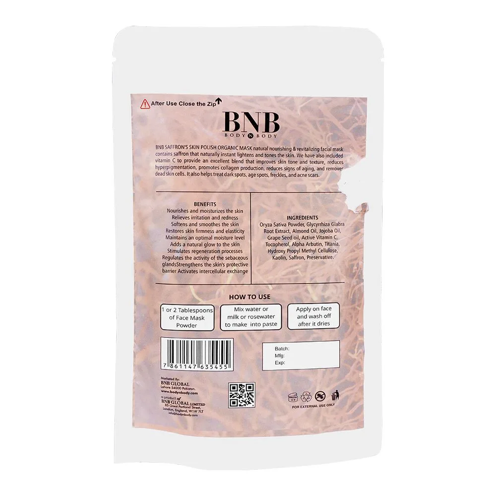 Side view of bnb saffron skin polish organic mask, paraben & sulphate free, 120g