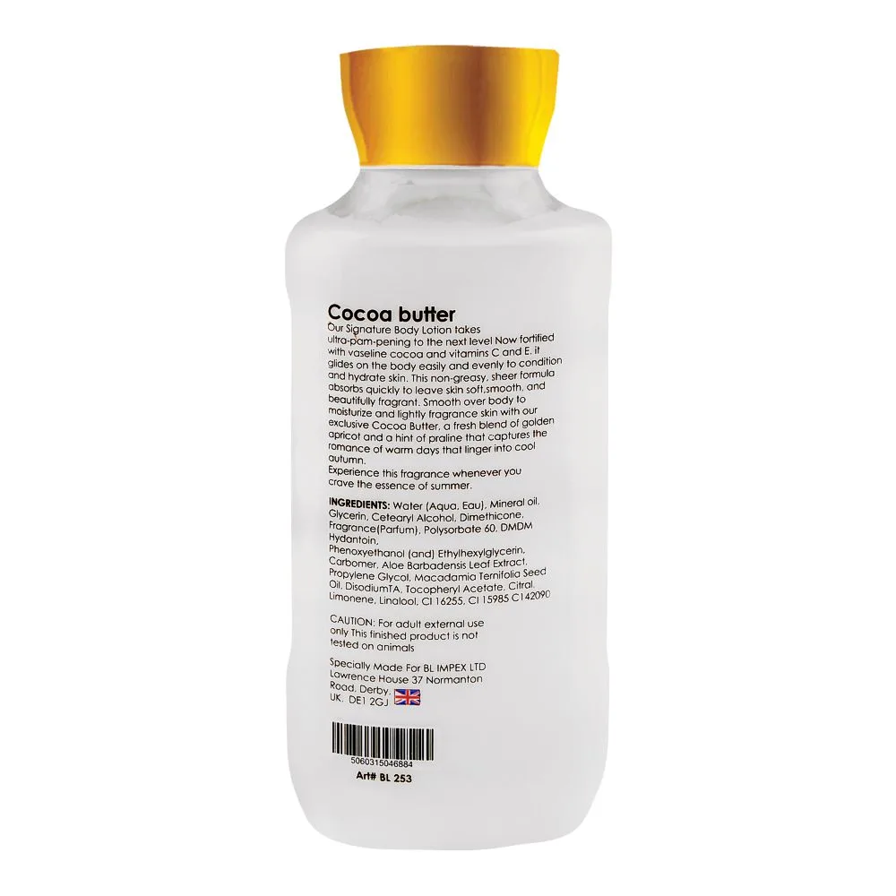 Side view of body luxuries cocoa butter body lotion, bl-253, 230ml