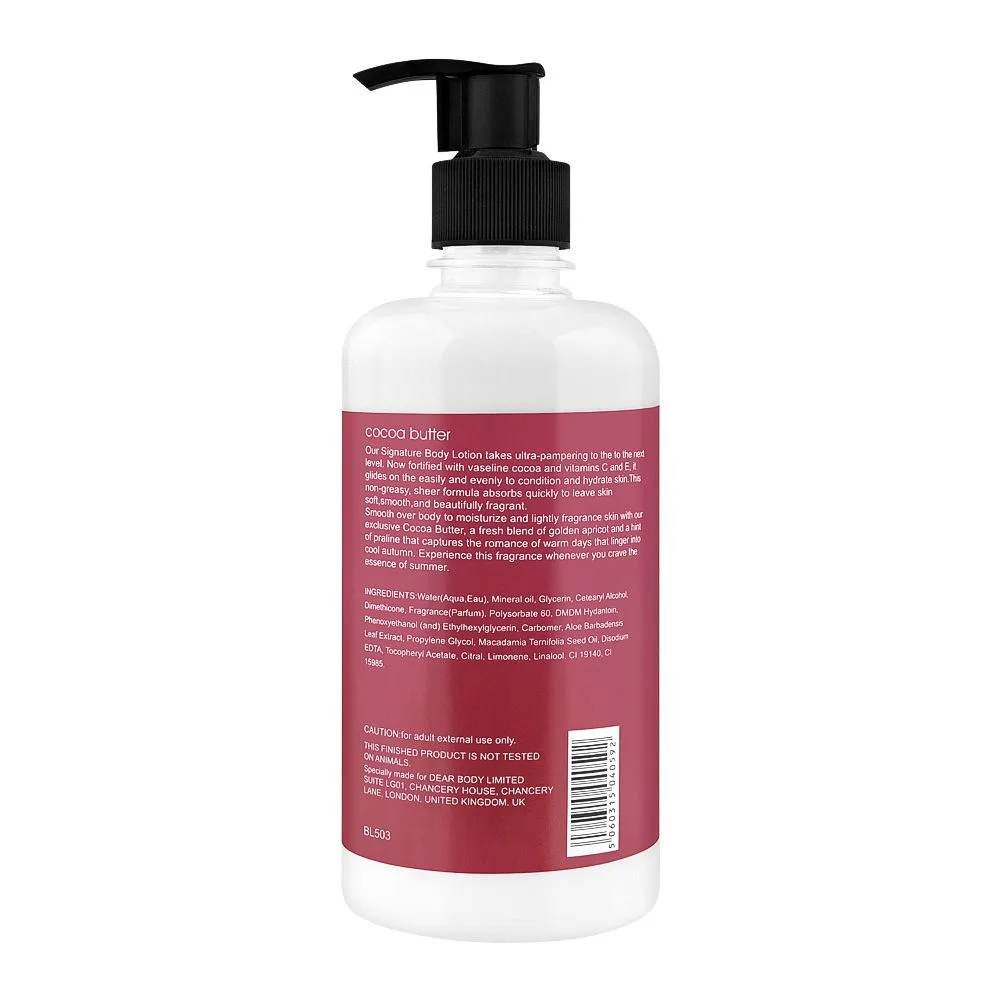 Side view of body luxuries cocoa butter body lotion, bl-503, 450ml