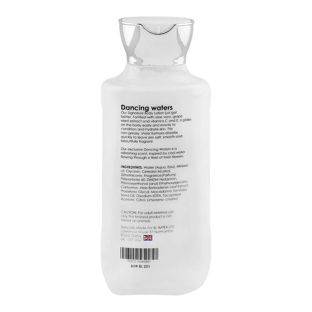 Side view of body luxuries dancing water body lotion, bl-251, 230ml