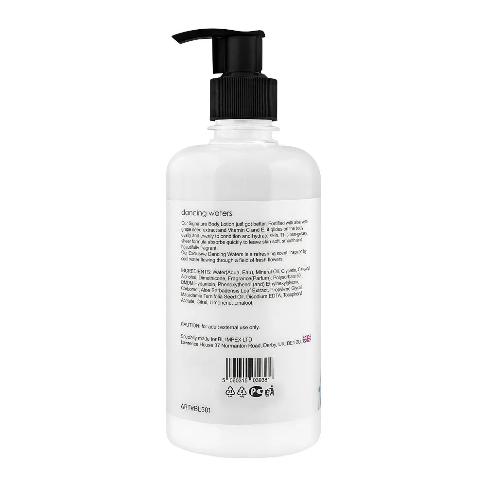 Side view of body luxuries dancing water body lotion, bl-501, 450ml
