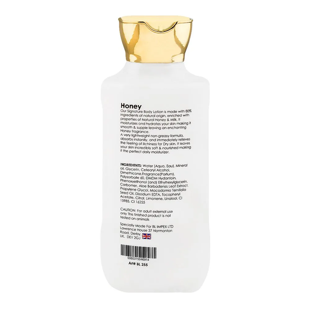 Side view of body luxuries honey body lotion, bl-255, 230ml