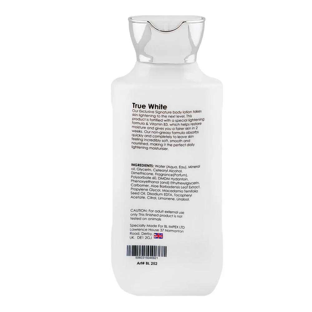 Side view of body luxuries true white body lotion, bl-252, 230ml