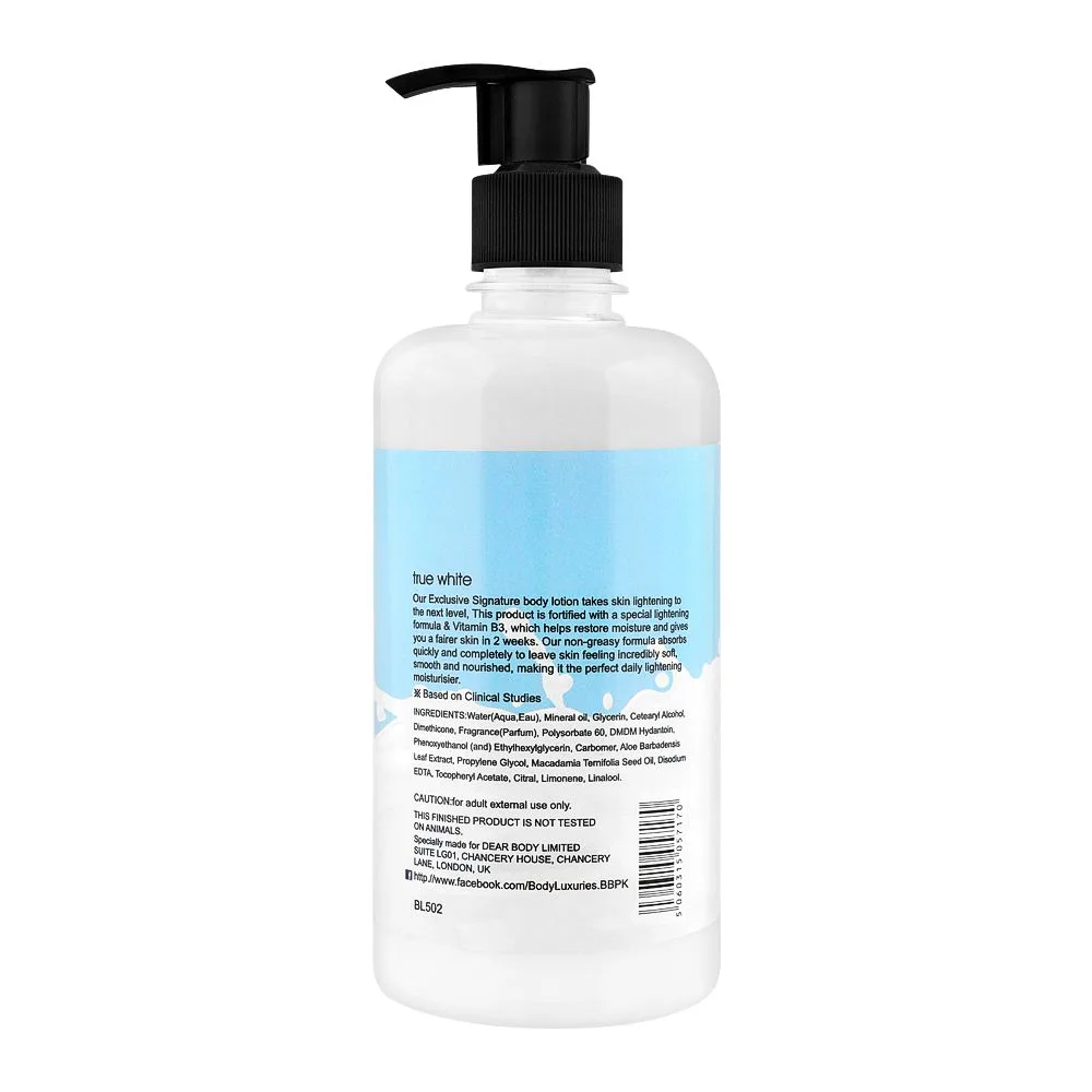 Side view of body luxuries true white body lotion, bl-502, 450ml