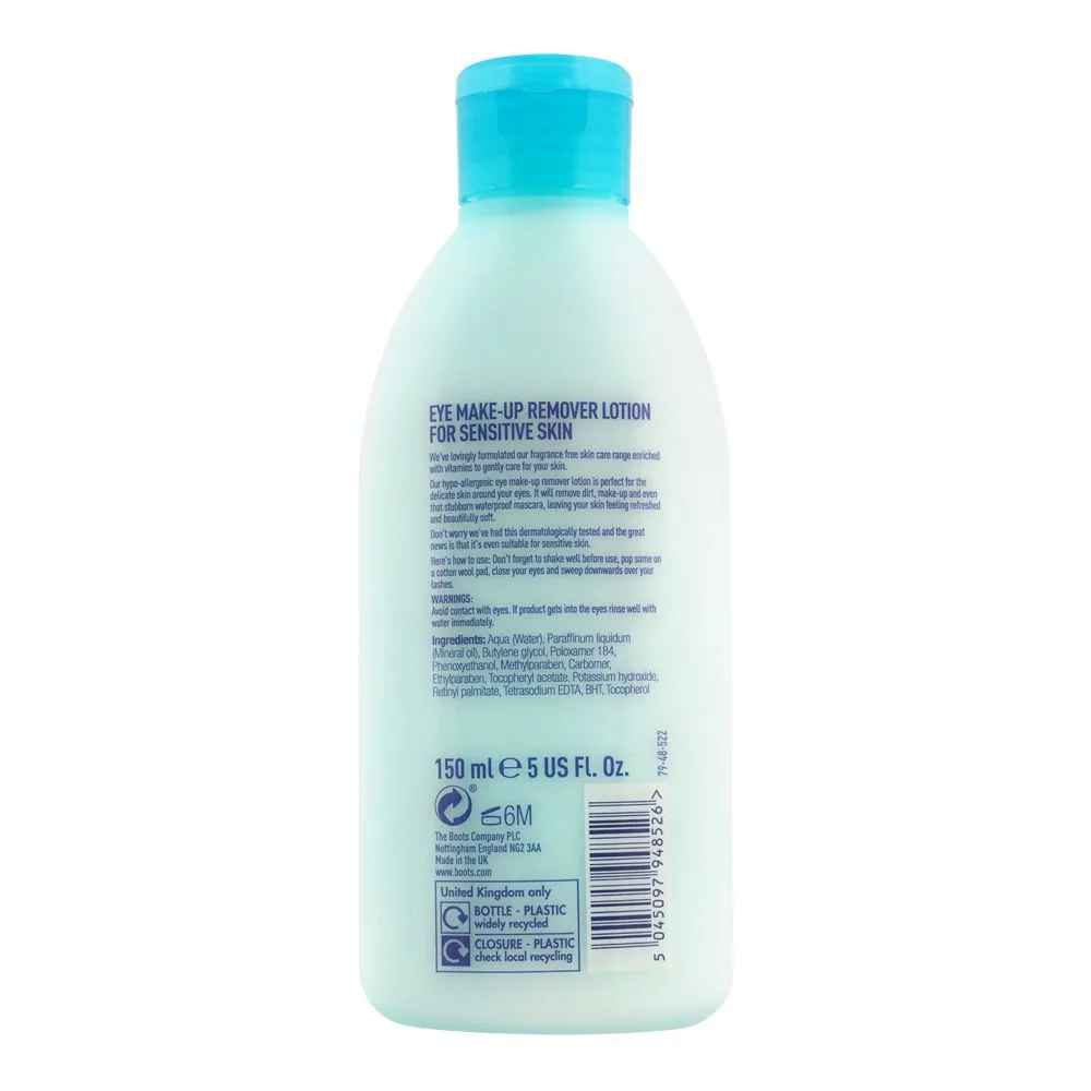 Side view of boots fragrance free eye make-up remover lotion, 150ml
